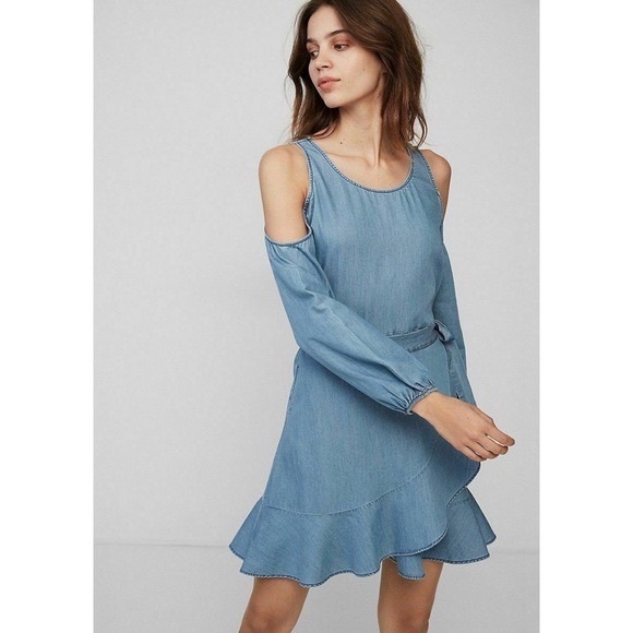 Express chambray cold shoulder wrap dress - Picture 2 of 5